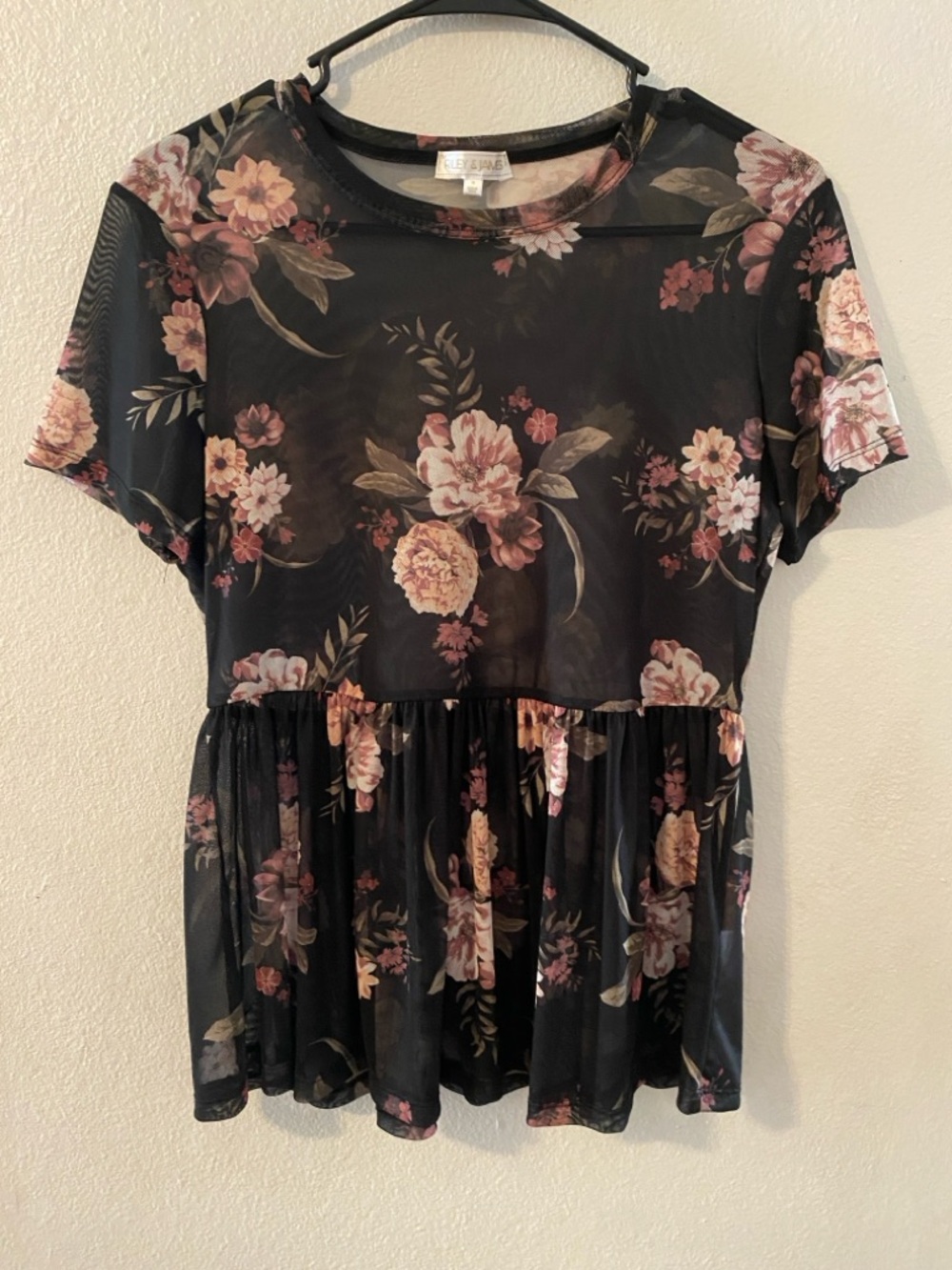 Black Floral Mesh Peplum Top with Pink and Cream Blooms